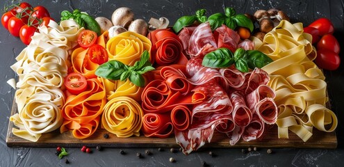Poster - Colorful Italian Pasta, Meat, and Vegetable Appetizer Platter on Wooden Board