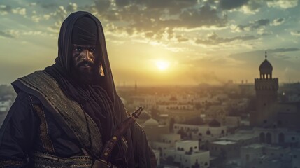 Muslim warrior soldier face covered against the backdrop of city buildings background wallpaper AI generated image