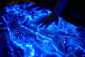 Wall Mural - Human hands gently resting on a shiny blue fabric illuminated by sparkling lights