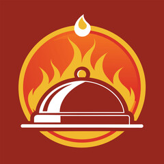 Poster - A simplified icon with a red background, a yellow circle of fire, and a silver food dome on a platter, Develop a polished icon reflecting the idea of hospitality and warmth