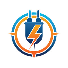 Sticker - A stylized electric plug icon with a lightning bolt inside, surrounded by a compass icon with blue, orange, and white colors, Electric logo design illustration with plug icon vector template