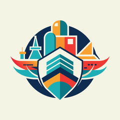 Sticker - A colorful, abstract design of a city skyline with a ship in the center, Experimenting with abstract shapes to create a unique logo for a shipping company