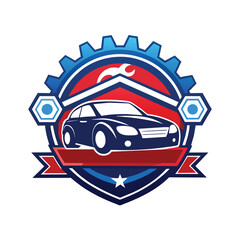 Poster - A logo design for an auto repair shop featuring a gear, wrench, car, and star, Generate a clean and modern logo for an auto repair garage