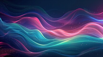 Wall Mural - An abstract design with a grainy gradient background featuring dark pink, blue, and green hues with glowing wave patterns. 
