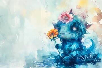 A watercolor painting of a whimsical monster holding a blossoming flower on a canvas. The soft colors and playful design create a charming and magical atmosphere. Artistic and enchanting.