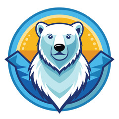 Poster - An illustrated polar bear logo featuring a detailed and stylized polar bear inside a blue shield with mountains in the background, Illustrated Polar Bear Logo, exquisite illustrated polar bear logo