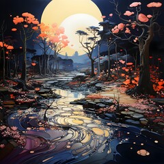 Wall Mural - Illustration of a fantasy landscape with a river and a full moon