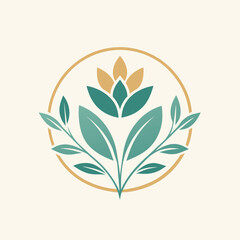 Sticker - A simple and elegant logo featuring a delicate floral motif with a white cross in the center, rendered in shades of green and blue, Minimalist logo featuring a delicate floral motif