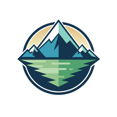 Wall Mural - A circular logo design featuring a stylized mountain range with snow-capped peaks rising from a turquoise lake against a yellow sunset background, mountain water lake logo design vector template