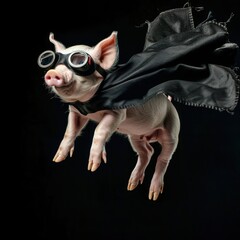 when pigs fly, isolated piglet with pink cape cloak against a black background. piglet is flying.