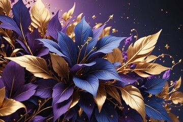 Wall Mural - Lustrous Botanicals: Metallic Gold Leaves and Flowers in Virtual Elegance
