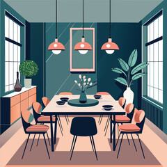 Sticker - A sophisticated dining room with a minimalist table and modern hanging lights, Sophisticated dining room with a minimalist table setting and statement lighting