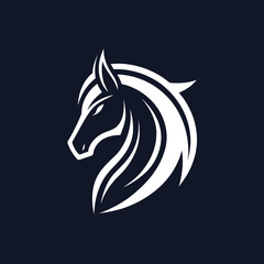 Wall Mural - A stylized white horse head logo design against a dark blue background, Subtle use of negative space to create a horse outline