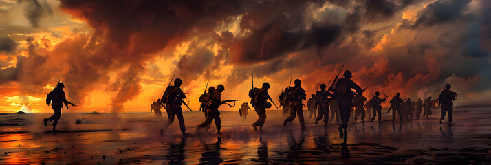 a group of soldiers silhouettes landing on the beach