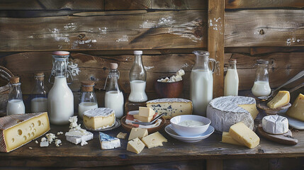 Assorted dairy products on wooden table like, milk and cheese block with butter, yogurt and cream etc