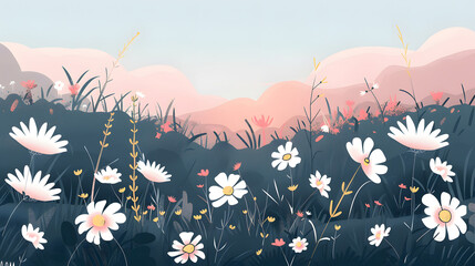 modern flat illustration of beautiful aster flowers, in a lovely minimal nature landscape