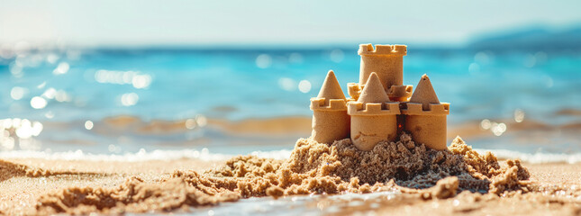 Sandcastle on the sea in summertime, Golden sand castle on shiny summer blue beach with copy space, concept of happy summer time, childhood, summer holiday, trip, travel, vacation, happiness, play