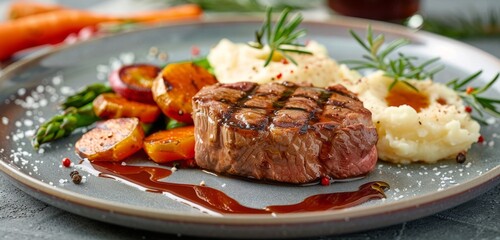 Wall Mural - Grilled Steak With Mashed Potatoes and Roasted Vegetables