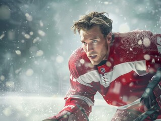 Man wearing Hockey uniform holding hockey stick, detailed face, with beautiful face, waist-high shot photography, themed background, Daylight Photography, in direct angle view, cinematic and p