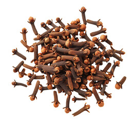 Cloves scattered in a pile, their dried brown forms showcasing the aromatic spice's unique shape and texture.