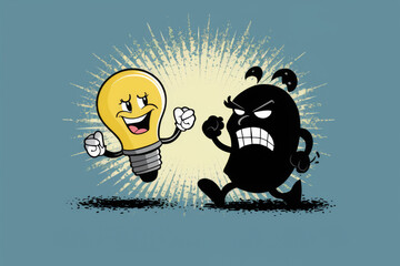 Canvas Print - A cartoon of a light bulb and an angry monster fighting, AI