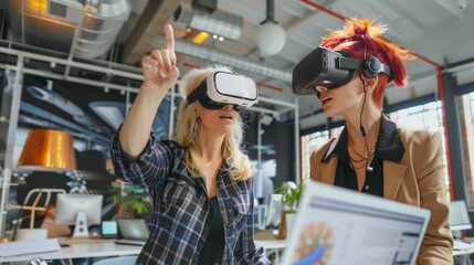 Wall Mural - woman in business casual , wearing VR glasses and pointing at something while standing next to an office worker