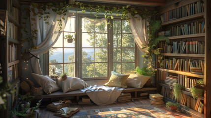 A cozy reading nook with a window and a bookshelf filled with books