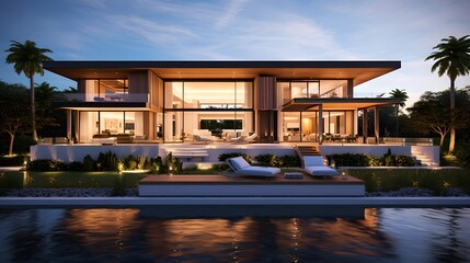 Wall Mural - Panorama view of luxury modern house with swimming pool at dusk.