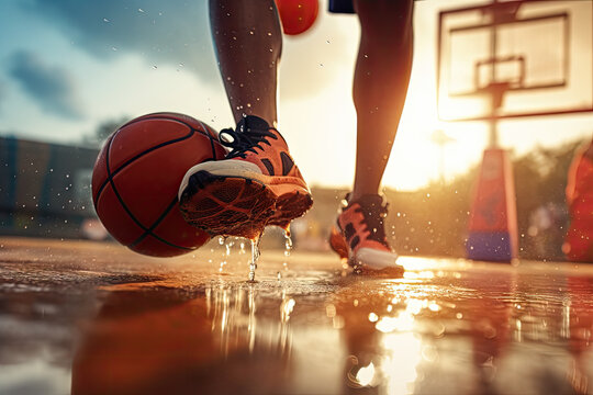 Dynamic capture of a basketball player dribbling on a wet outdoor court, reflecting the evening light.