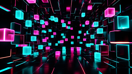 Wall Mural - A futuristic abstract background with glowing neon boxes floating in a dark space, with reflections and light trails adding to the sense of motion