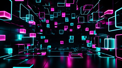 Wall Mural - a futuristic abstract background with glowing neon boxes floating in a dark space, with reflections 
