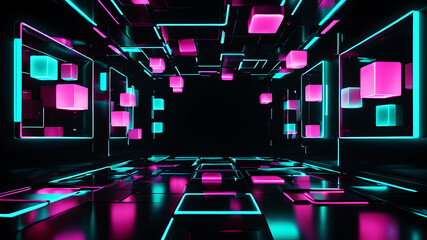 Wall Mural - a futuristic abstract background with glowing neon boxes floating in a dark space, with reflections 