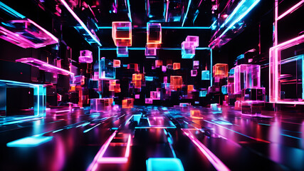 Wall Mural - A futuristic abstract background with glowing neon boxes floating in a dark space, with reflections and light trails adding to the sense of motion