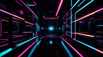 Wall Mural - a futuristic abstract background with glowing neon boxes floating in a dark space, with reflections 