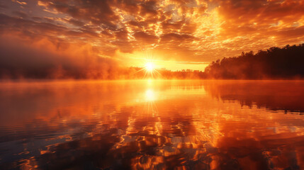 Wall Mural - A beautiful sunset over a lake with a bright orange sun