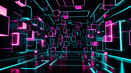 Wall Mural - a futuristic abstract background with glowing neon boxes floating in a dark space, with reflections 