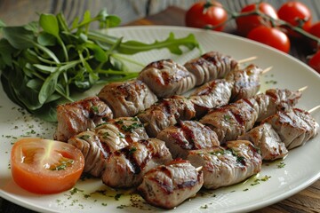 Wall Mural - Grilled beef skewers with fresh vegetables on a plate, ideal for high resolution food photography and capturing a gourmet meal concept