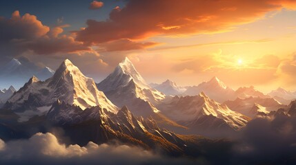 Wall Mural - Fantastic panorama of snowy mountains at sunset. 3D rendering