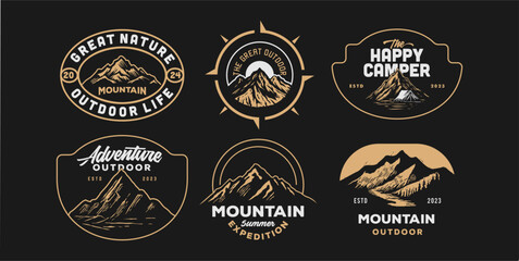 mountain adventure hipster logos. set of vintage outdoor mountains summer camp badges or patches. ve