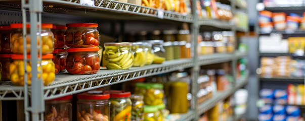 Wall Mural - food in donation box, grocery products. at charitable foundation. Working at food bank, help for poor families, migrants, refugees concept.