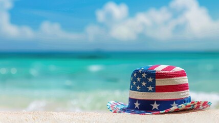Wall Mural - Straw hat with USA flag pattern on sandy beach by turquoise ocean under blue sky