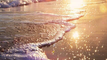Wall Mural - Golden sunset reflecting on gentle ocean waves with sparkling sea foam beach
