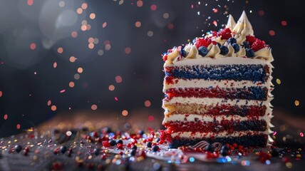 Colorful five-layer cake with whipped cream and berries, surrounded by festive confetti, on dark background