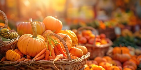 Wall Mural - Baskets of vibrant autumn produce, including pumpkins and carrots, are displayed at a bustling farmers market. Warm sunlight enhances the festive atmosphere, showcasing the colorful harvest bounty.