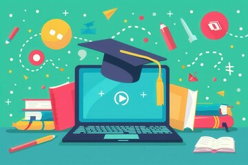 elearning concept illustration with laptop books and graduation cap icons
