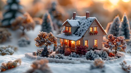 Wall Mural - a realistic winter scene showcasing a cozy house amidst cold, snowy weather, with a model of the house wearing a knitted cap, symbolizing warmth and comfort provided 