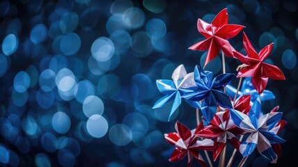 red, white, and blue pinwheels against bokeh background