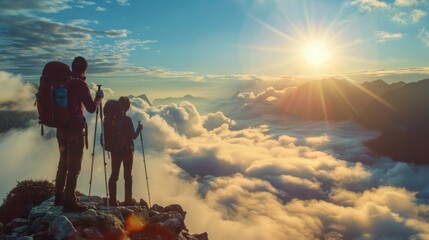 Wall Mural - Men with trekking poles standing at the summit, overlooking a cloud-filled valley, the sun breaking through the clouds