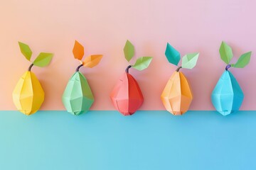 Canvas Print - geometric origami pears in vibrant colors minimalist still life composition on pastel background