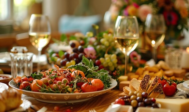 Elegant dining table with a lot of appetizers such as wine and grapes
